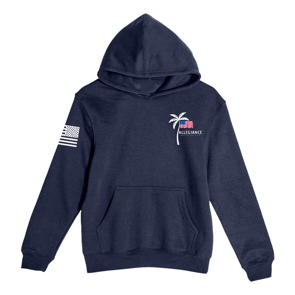 Vibe Youth Hoodie front view — navy kids hoodie with palm tree and American flag graphic by Allegiance Clothing