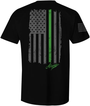 Back of Black Allegiance Back the Green Tee showing large distressed American flag with a green line and Allegiance script.