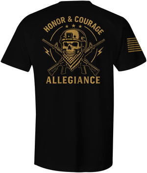 Allegiance Honor & Courage Tee back view with large Honor & Courage graphic, tactical skull, crossed rifles, and stars.