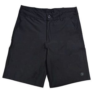 Front of Black Allegiance Jax Hybrid Short featuring multiple pockets, belt loops, reflective logo print, and stretch quick-dry performance fabric